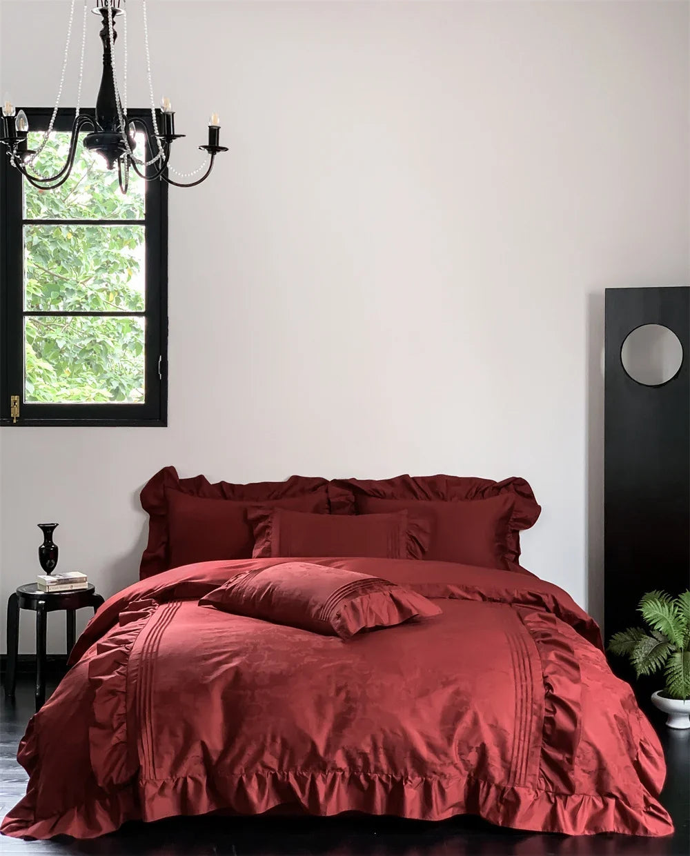 Duvet Cover Set Satin Jacquard Relief Ruffle & Piping Six-Piece