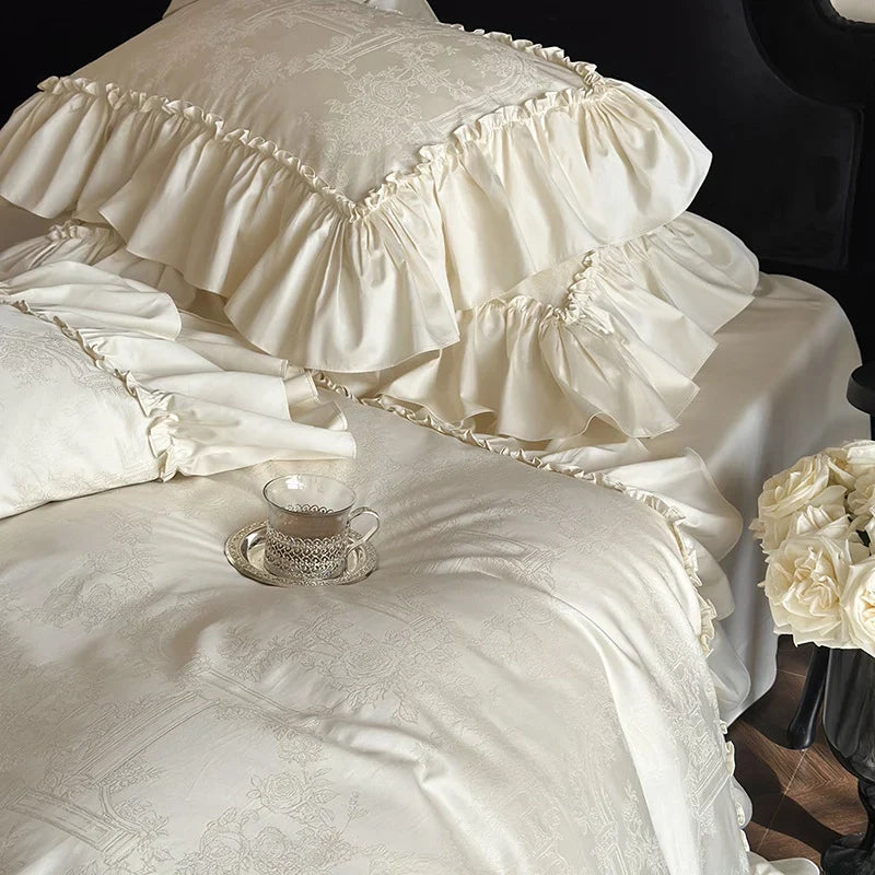 Duvet Cover Set Satin-Like Jacquard & Ruffle Trim 4-Piece
