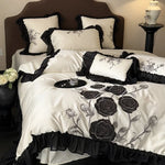 Duvet Cover Set Satin Rose Embroidered Ruffle Trim