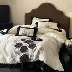 Duvet Cover Set Satin Rose Embroidered Ruffle Trim