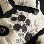 Duvet Cover Set Satin Rose Embroidered Ruffle Trim
