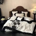 Duvet Cover Set Satin Rose Embroidered Ruffle Trim