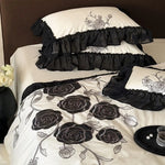 Duvet Cover Set Satin Rose Embroidered Ruffle Trim