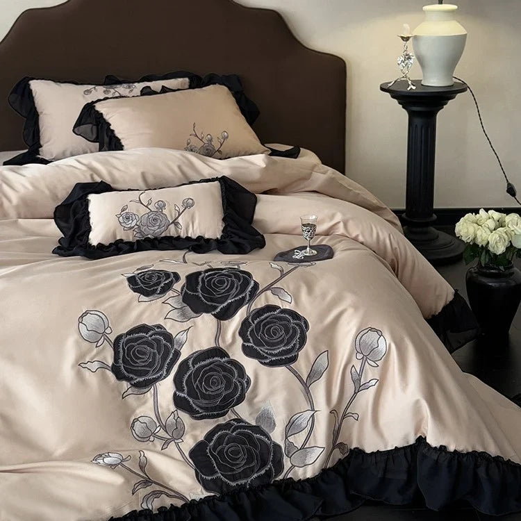 Duvet Cover Set Satin Rose Embroidered Ruffle Trim