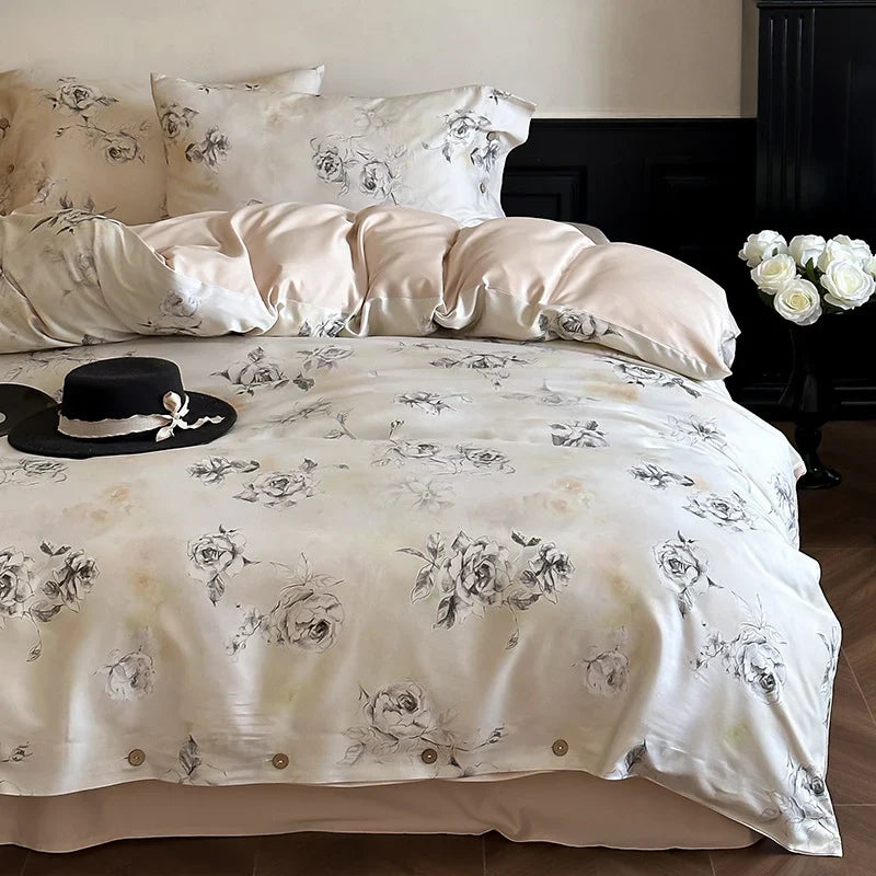 Duvet Cover Set Satin Rose Print Four-Piece
