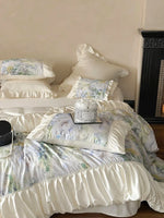 Duvet Cover Set Satin Watercolor Floral Ruffles Concealed Zipper