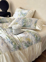 Duvet Cover Set Satin Watercolor Floral Ruffles Concealed Zipper