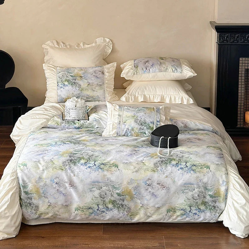 Duvet Cover Set Satin Watercolor Floral Ruffles Concealed Zipper