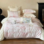 Duvet Cover Set Satin Watercolor Floral Ruffles Concealed Zipper