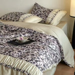 Duvet Cover Set Satin Watercolor Leaf Print Ruffle Trim