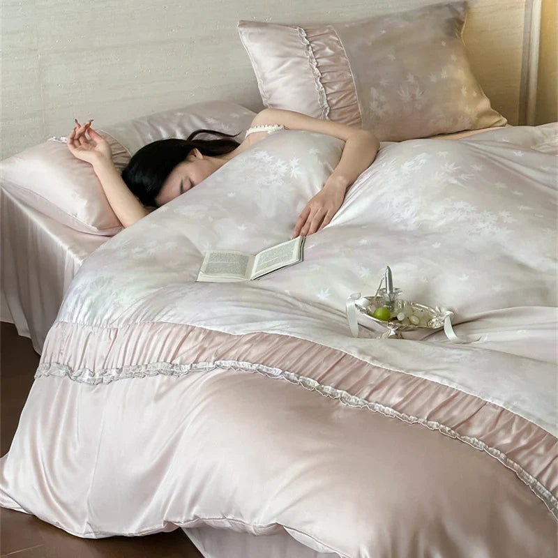 Duvet Cover Set Satin Watercolor Leaf Print Ruffle Trim