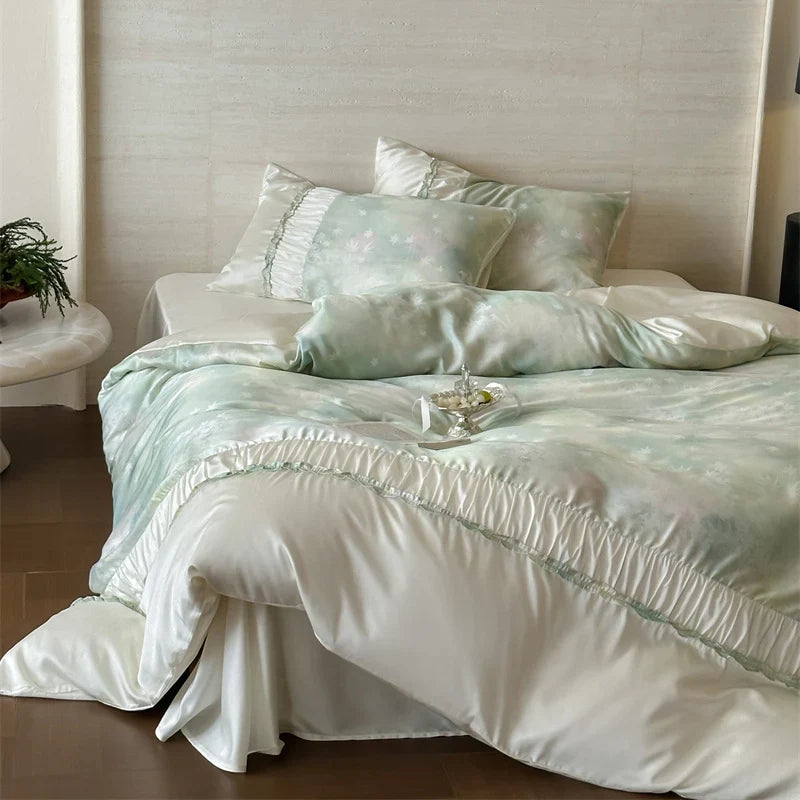 Duvet Cover Set Satin Watercolor Leaf Print Ruffle Trim