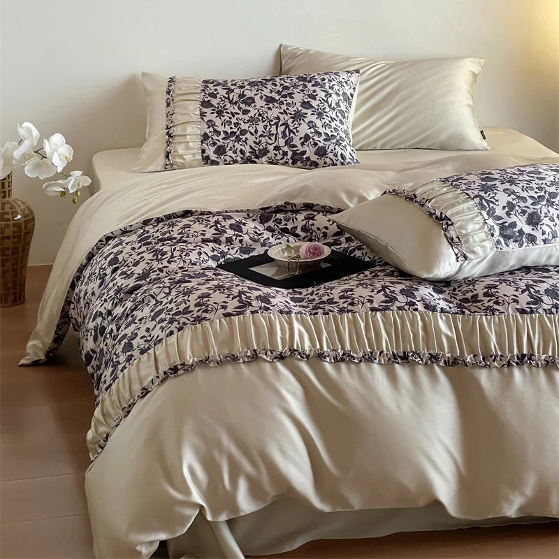Duvet Cover Set Satin Watercolor Leaf Print Ruffle Trim