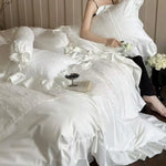 Duvet Cover Set Silky Satin Embroidered Lace Trim 4-Piece