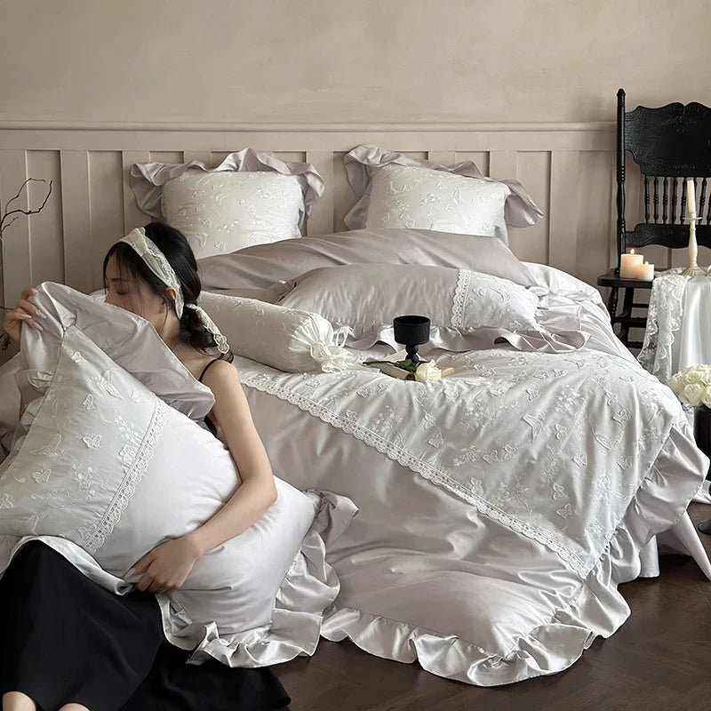 Duvet Cover Set Silky Satin Embroidered Lace Trim 4-Piece