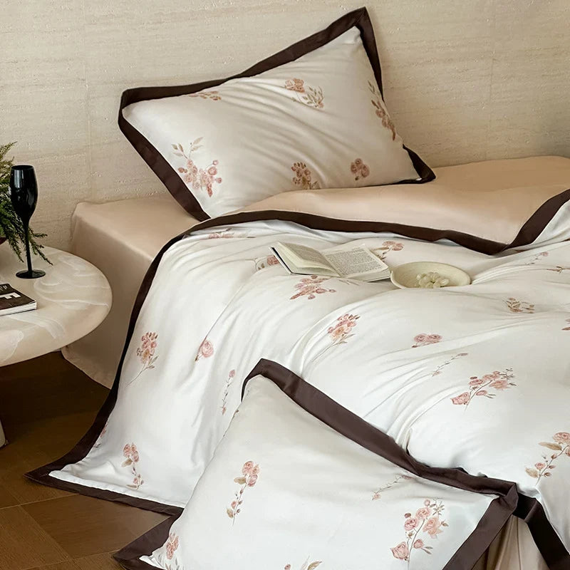 Duvet Cover Set Silky Satin Embroidered Piping 4-Piece