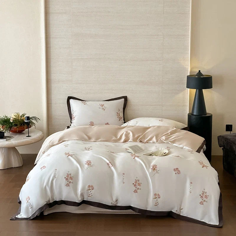 Duvet Cover Set Silky Satin Embroidered Piping 4-Piece