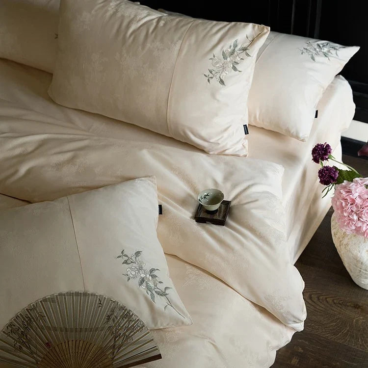Duvet Cover Set Silky Satin Floral Embroidery