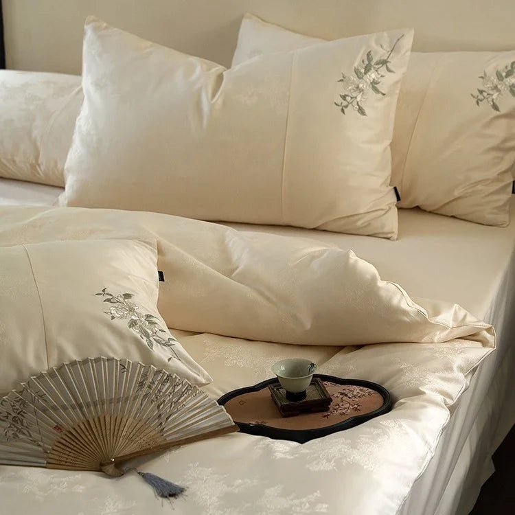 Duvet Cover Set Silky Satin Floral Embroidery