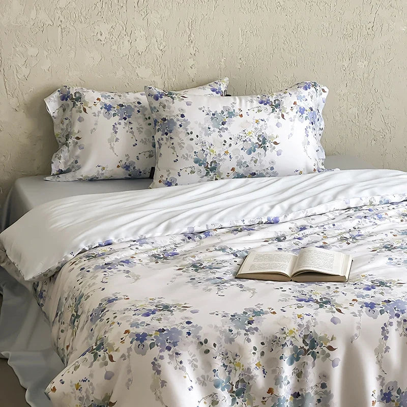 Duvet Cover Set Silky Satin Floral Watercolor Machine Washable