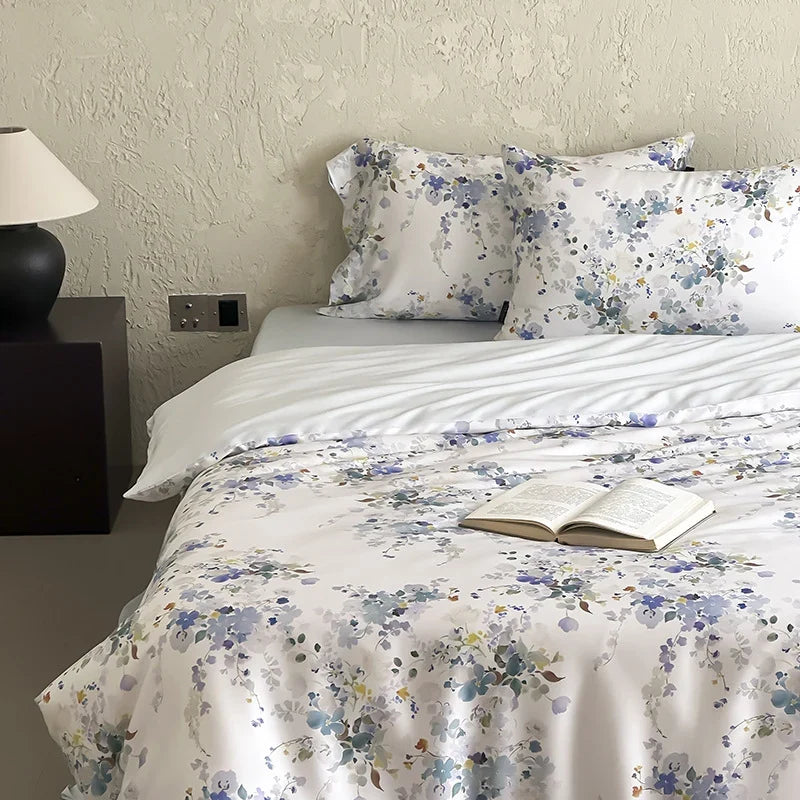 Duvet Cover Set Silky Satin Floral Watercolor Machine Washable