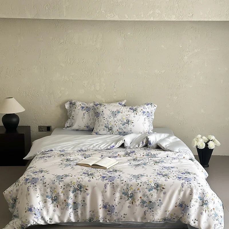 Duvet Cover Set Silky Satin Floral Watercolor Machine Washable