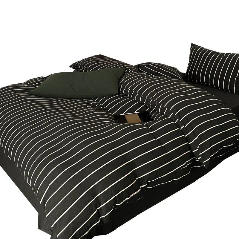 Duvet Cover Set Striped Cotton Percale Concealed Zipper