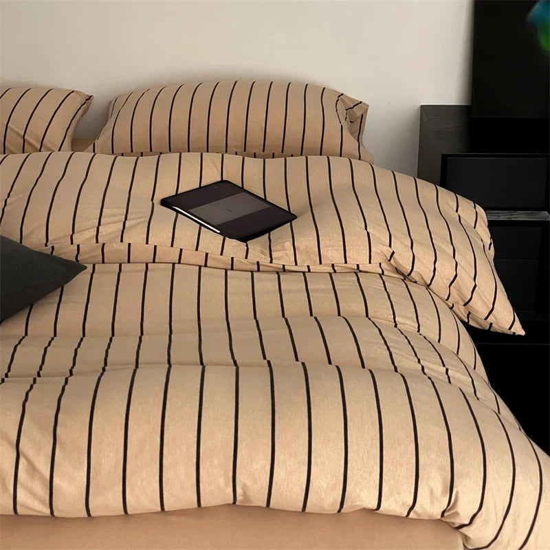 Duvet Cover Set Striped Cotton Percale Concealed Zipper