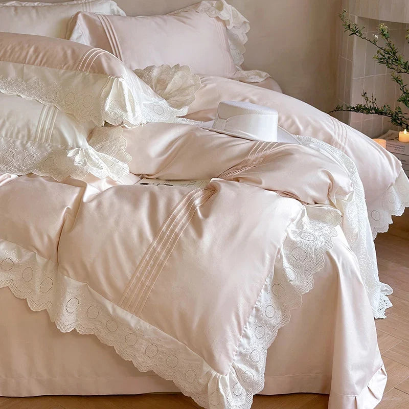 Duvet Cover Set Tencel Cotton Satin Embroidered Lace & Frills