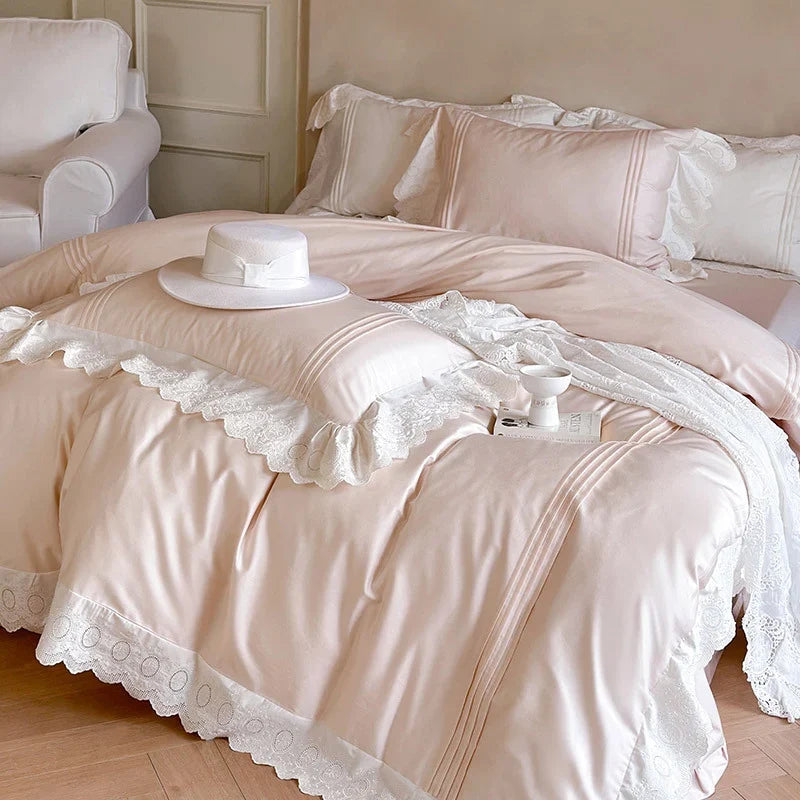 Duvet Cover Set Tencel Cotton Satin Embroidered Lace & Frills
