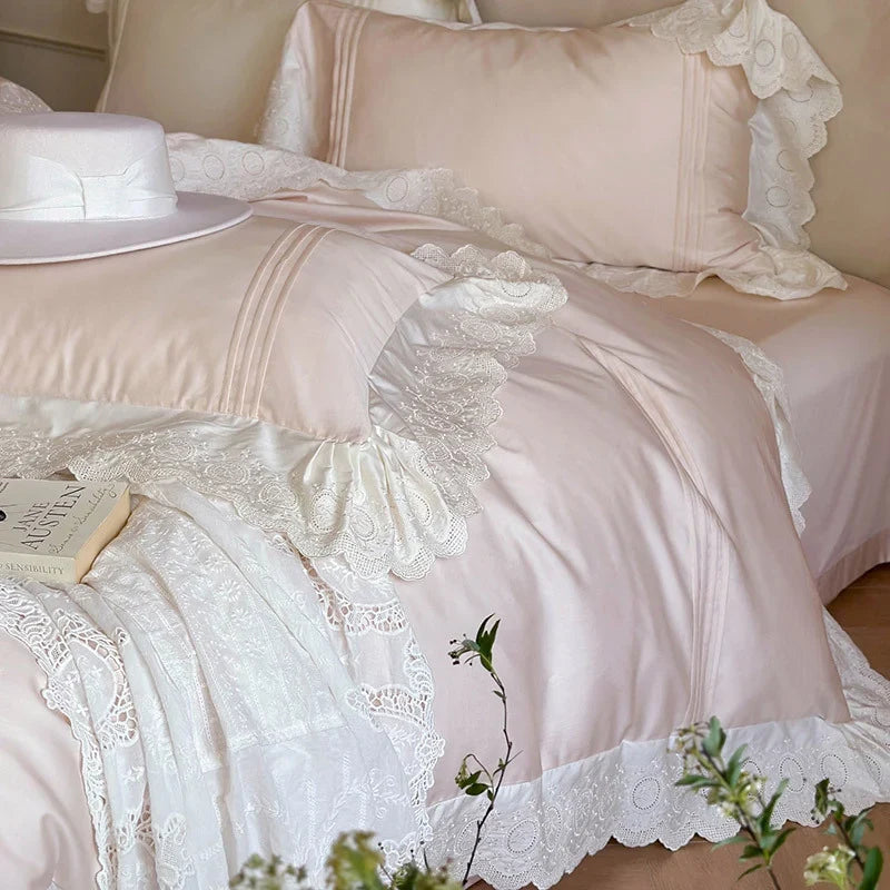 Duvet Cover Set Tencel Cotton Satin Embroidered Lace & Frills