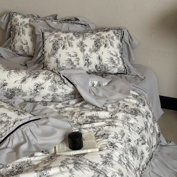 Duvet Cover Set Toile-de-Jouy Ruffle Cotton Blend