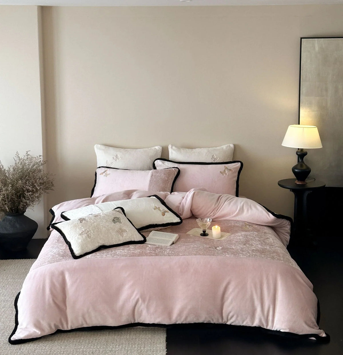 Duvet Cover Set Velvet Embroidered & Contrast Piping