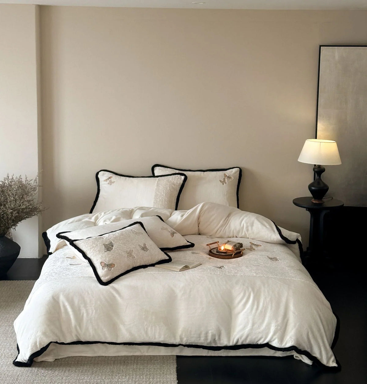 Duvet Cover Set Velvet Embroidered & Contrast Piping