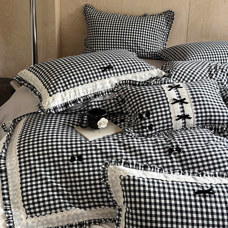 Duvet Cover Set Vichy Check Ruffle & Embroidery