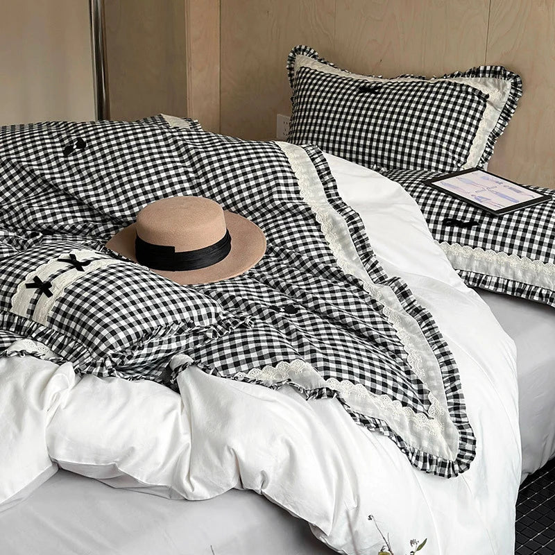 Duvet Cover Set Vichy Check Ruffle & Embroidery