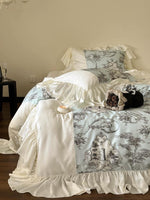 Duvet Cover Set Vintage Toile Satin Ruffled Trim