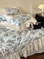 Duvet Cover Set Vintage Toile Satin Ruffled Trim