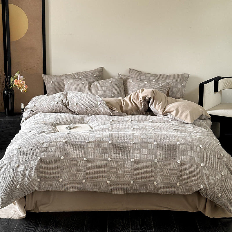 Duvet Cover Set Waffle Texture & Pompom Trim