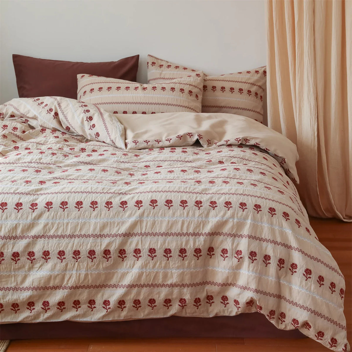 Duvet Set Breathable Cotton-Blend Embroidered Rose