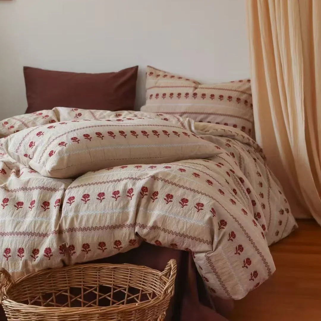 Duvet Set Breathable Cotton-Blend Embroidered Rose