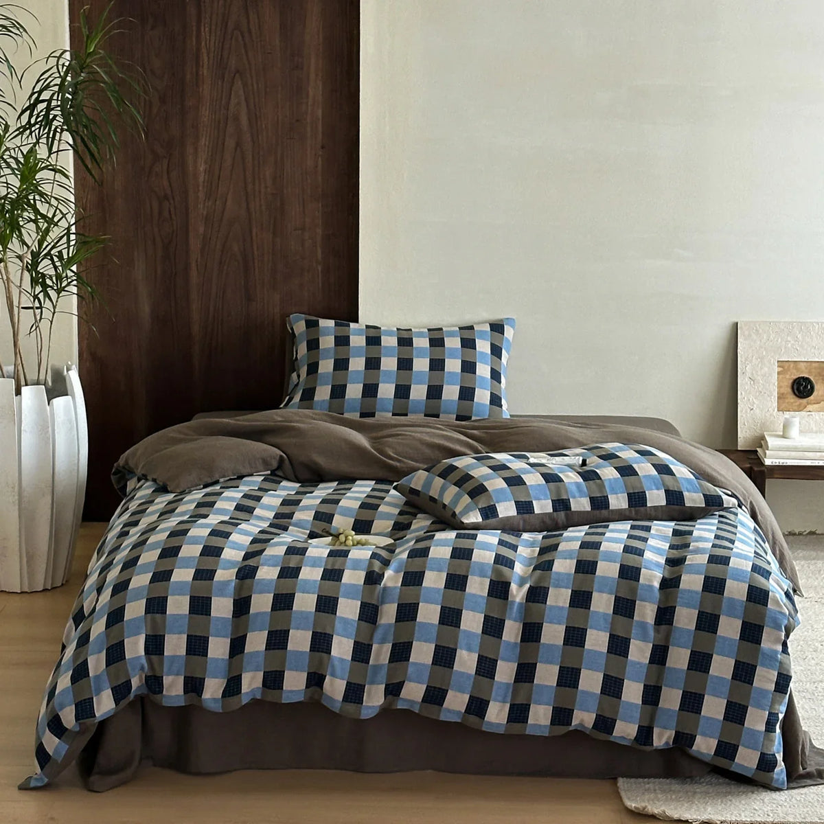 Duvet Set Cotton Satin Textured Check 4-Piece Set