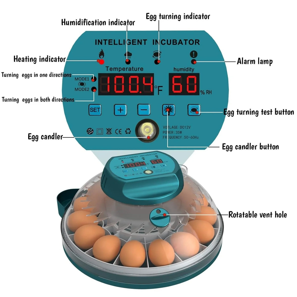 Egg Incubator 15 Egg Automatic Turning & Humidity Control