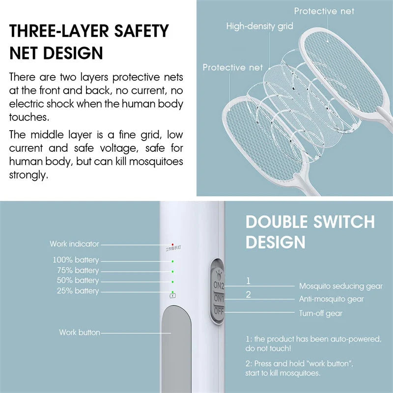 Electric Fly Swatter 3000V Dual-Mode USB Rechargeable