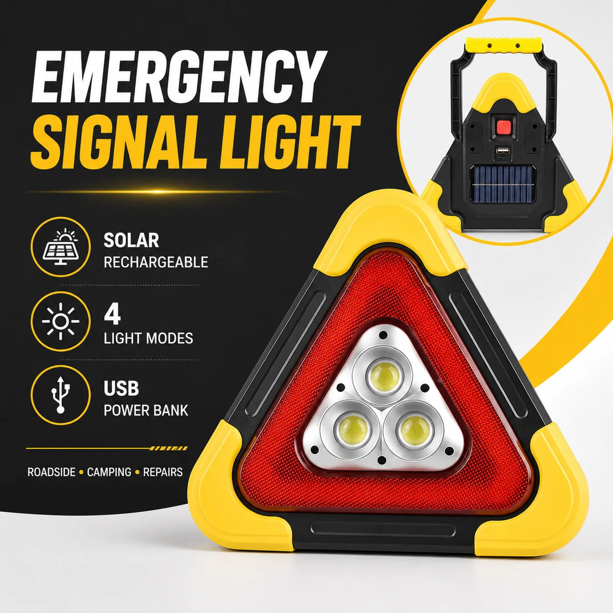 Emergency Triangle Light Solar-Powered & USB Power Bank