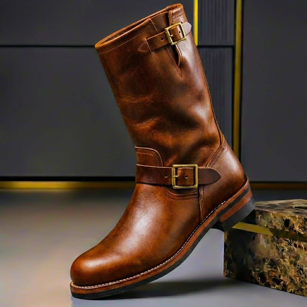 Engineer Boots Genuine Leather Double Buckle Mid-Calf