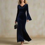 Evening Dress Velvet Cowl Neck Maxi Trumpet Sleeves