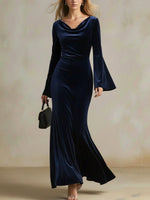 Evening Dress Velvet Cowl Neck Maxi Trumpet Sleeves