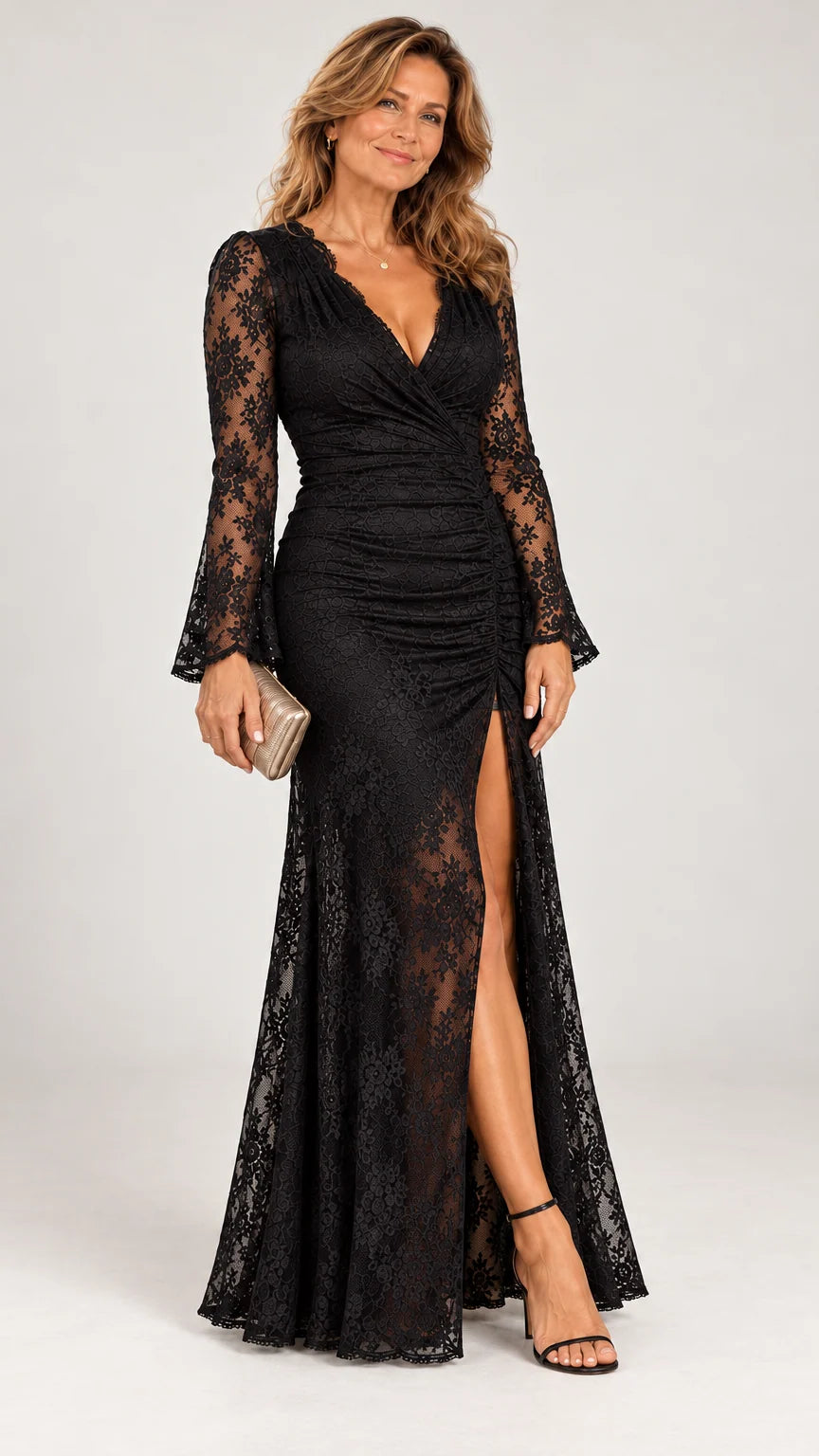 Evening Maxi Dress Lace V-Neck Long Sleeves Side Slit
