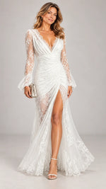 Evening Maxi Dress Lace V-Neck Long Sleeves Side Slit